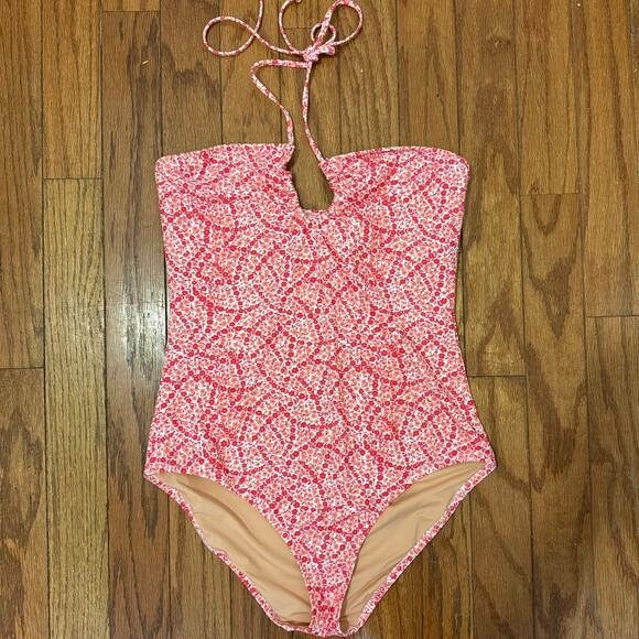 J. Crew ruched keyhole plunge ditsy floral print one piece halter swim suit‎ L - Picture 4 of 10